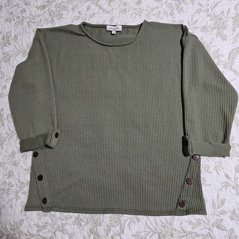 Green Waffle Knit Mid Sleeve Top NWOT